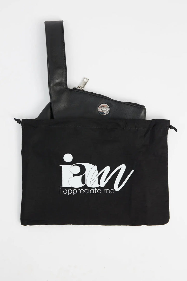 The I Appreciate Me black lambskin leather clutch and dustbag